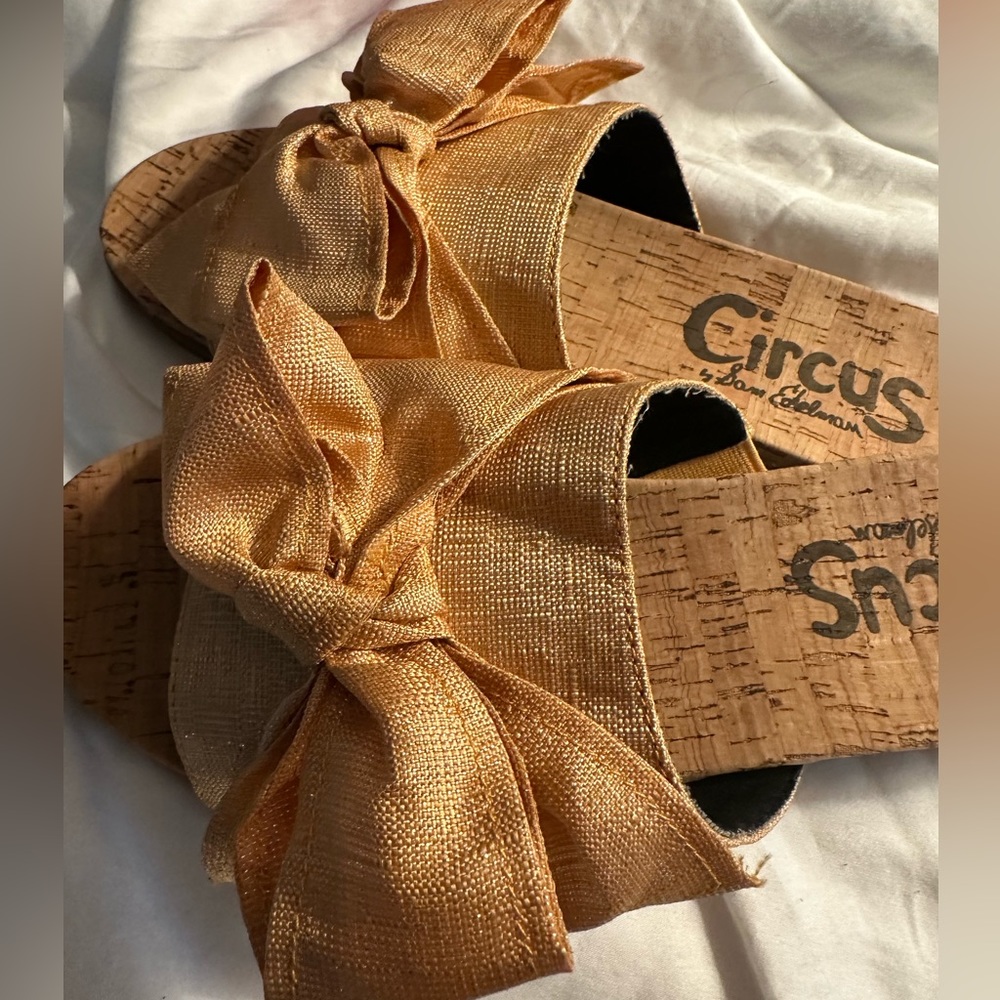 Circus NY sandals !   The bows are a golden beautiful sparkly gold linen fabric